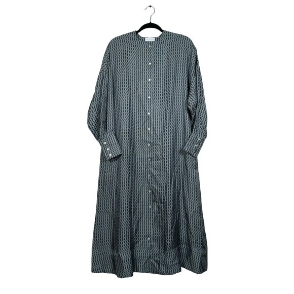 Asceno Dresses & Skirts - ASCENO 100% Silk Button Up Long Shirt Dress Long Sleeve Sz XS Agave Wave Printed
